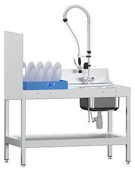 Предмоечный стол Gabino TPL-T (для туннельных, нерж, ванна, душ, 1304х725х1735мм)