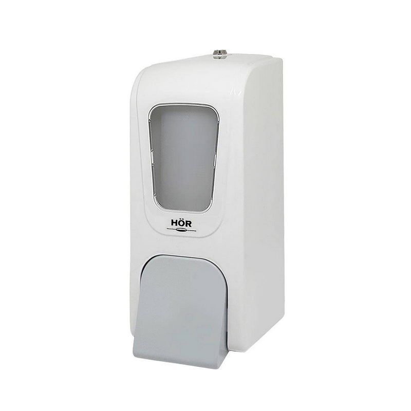 Дозатор для жидкого мыла Hor БИЗНЕС X7 нажимной 0, 7л, корпус белый, стекло прозрачное, кнопка серая