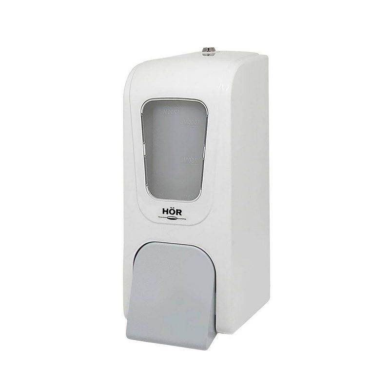 Дозатор для жидкого мыла Hor БИЗНЕС X12 нажимной 1, 2л, корпус белый, стекло прозрачное, кнопка серая